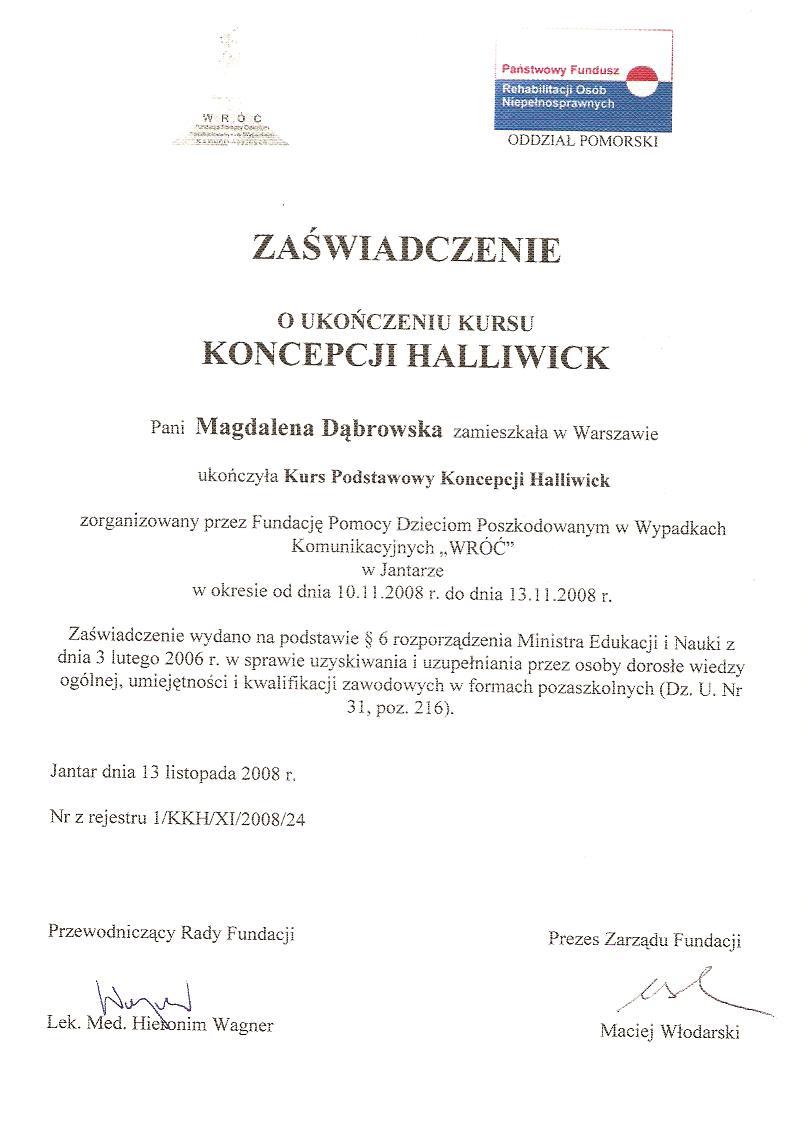 Zaświadczenie o ukończeniu szkolenia z metody Halliwick