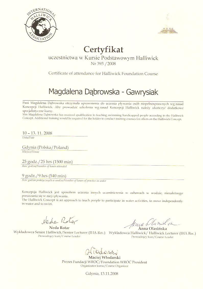 Certyfikat uczestnictwa w kursie metody Halliwick