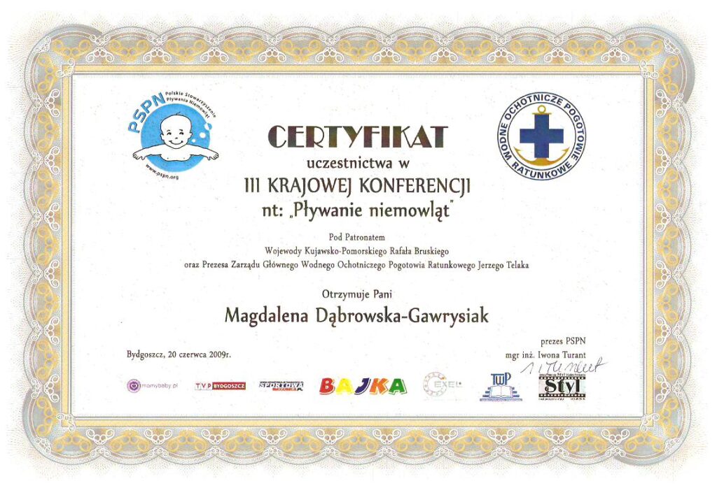 certyfikat uczestnictwa w konferencji pływanie niemowląt akademii ruchu