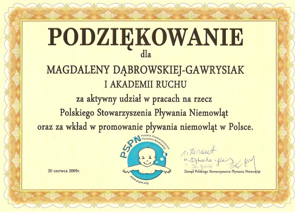 podziękowanie za udział dla PSPN akademii ruchu